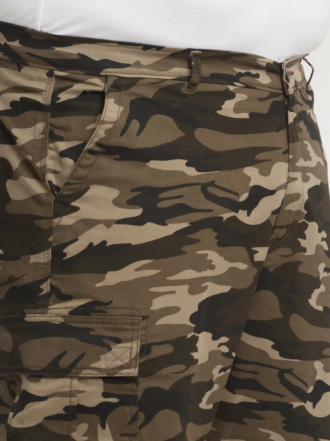 plusS Men Olive Green, Beige and Brown Camouflage Printed Cotton Cargo Trousers