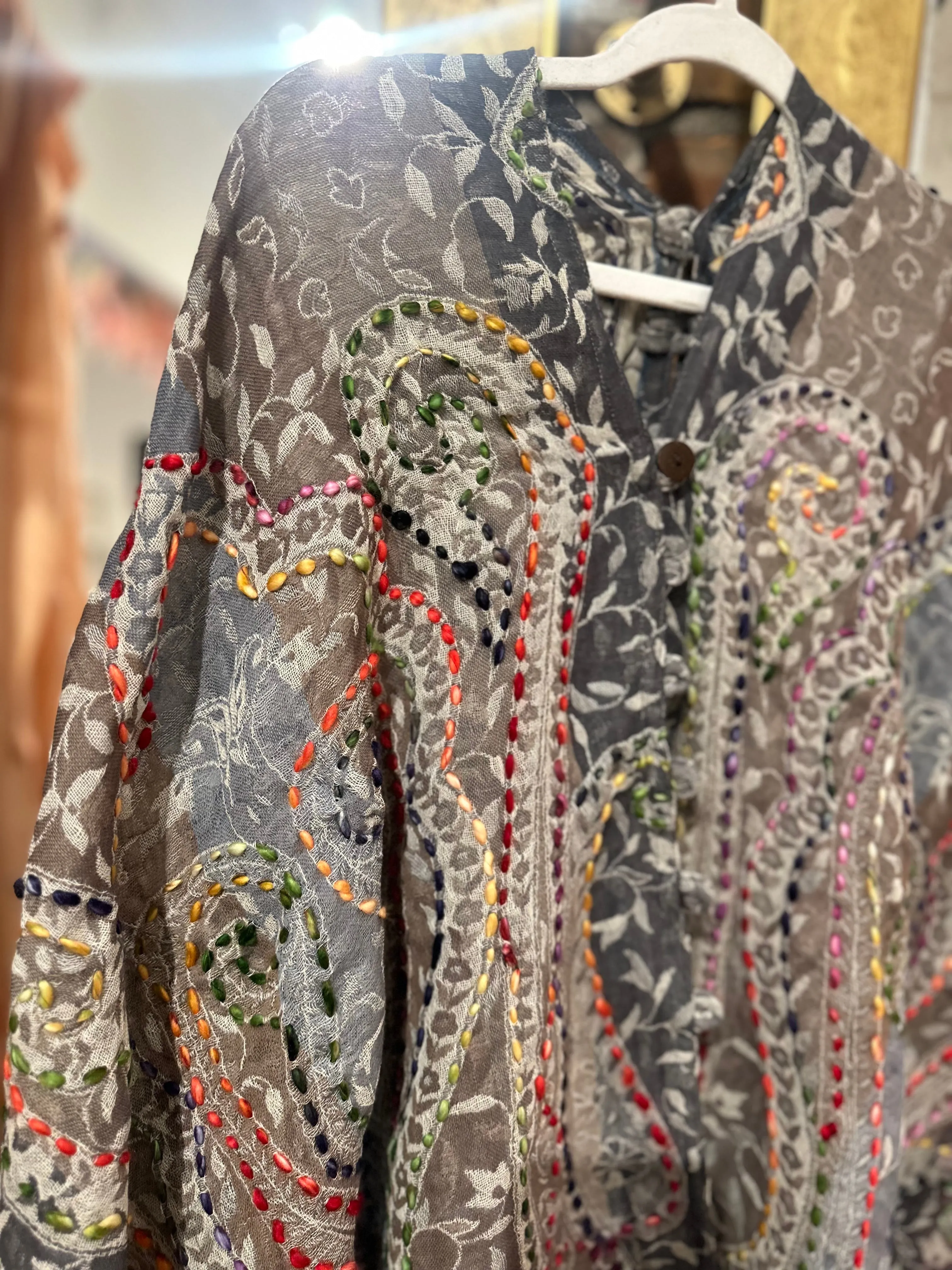 Pure wool reversible embroidered cape- grey/multi