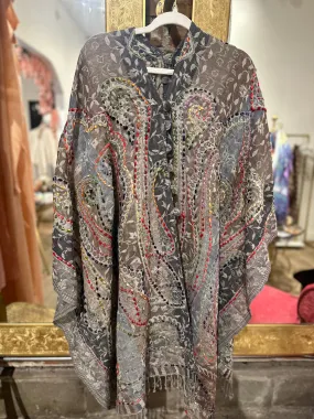 Pure wool reversible embroidered cape- grey/multi
