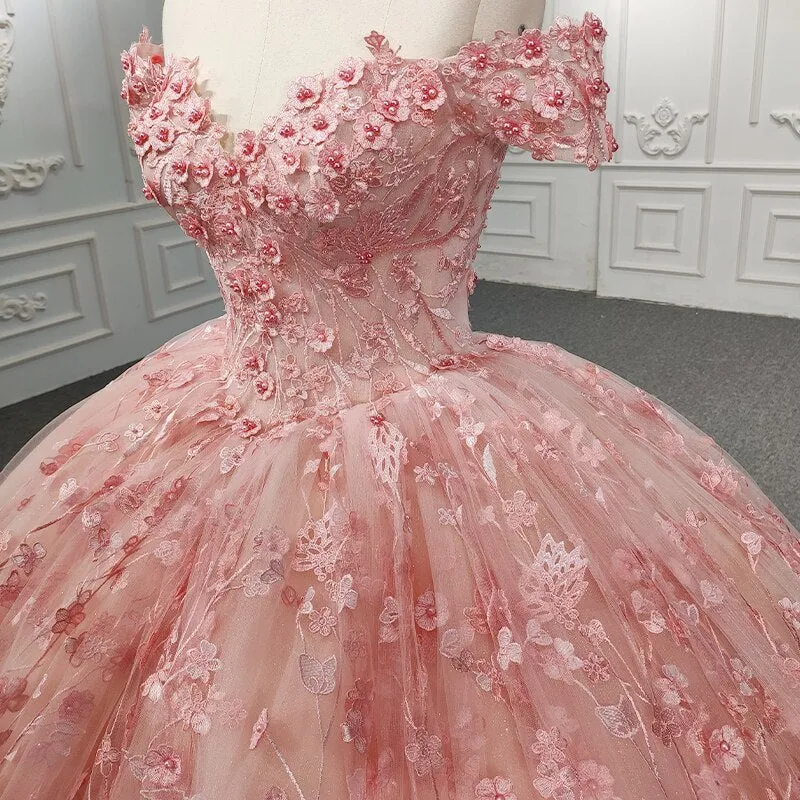 Quinceanera Ball Gown Pink Flower Dress