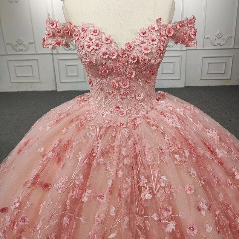 Quinceanera Ball Gown Pink Flower Dress