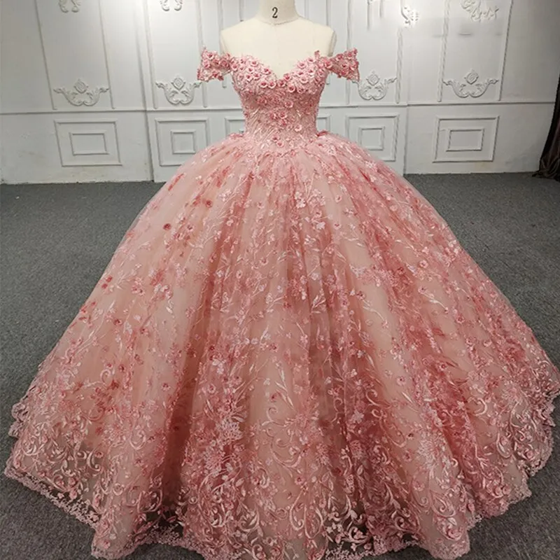 Quinceanera Ball Gown Pink Flower Dress