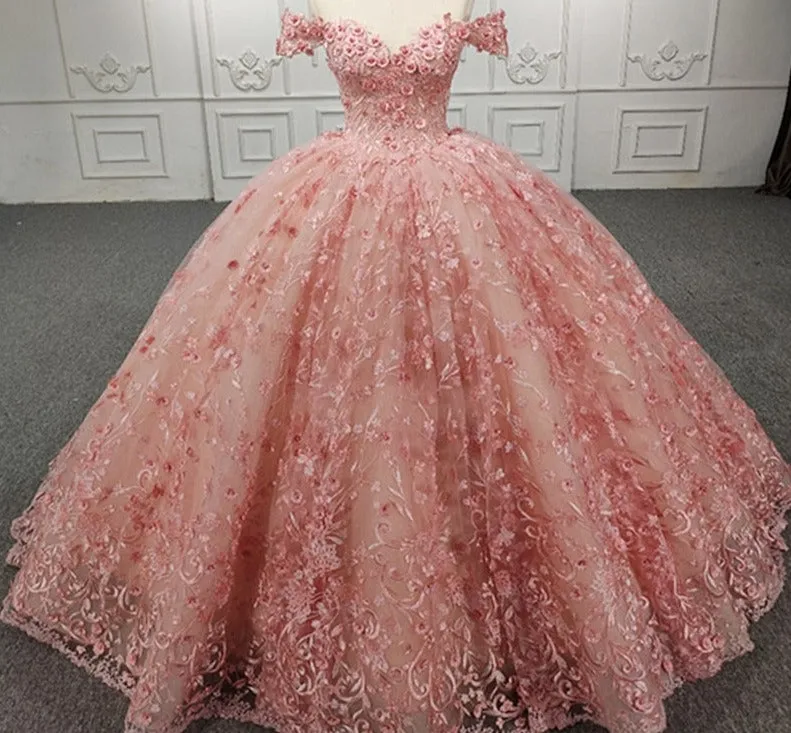 Quinceanera Ball Gown Pink Flower Dress