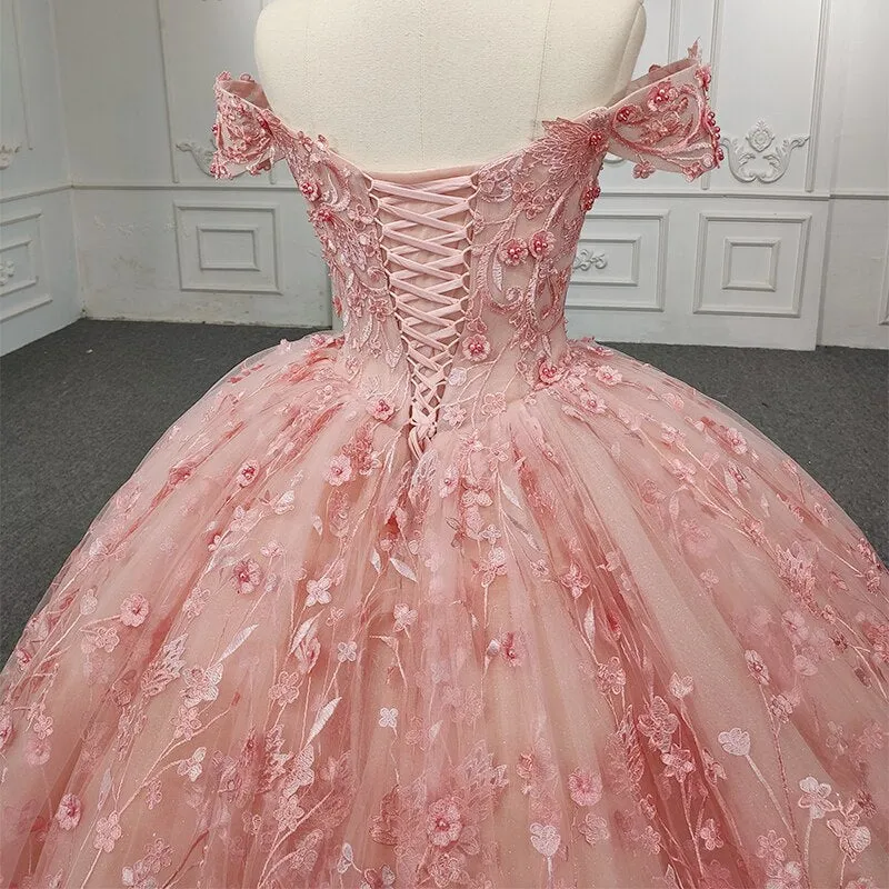 Quinceanera Ball Gown Pink Flower Dress