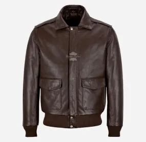 REIGNWOOD Men's Leather Bomber Jacket Brown Leather Bomber