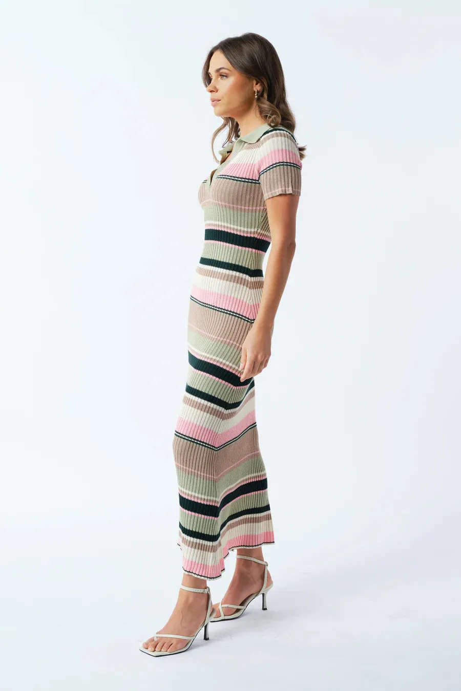 Remi Ribbed Knit Midi Dress - Green / Multi Stripe