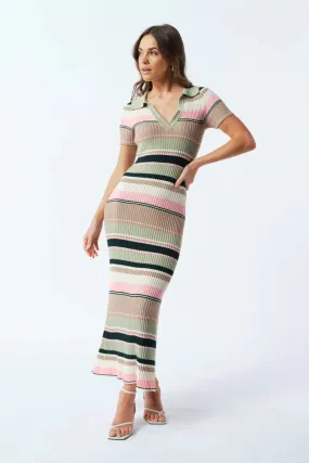 Remi Ribbed Knit Midi Dress - Green / Multi Stripe
