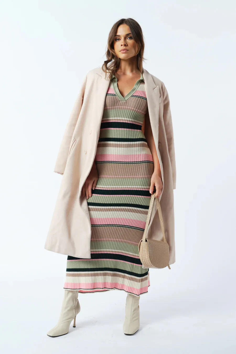 Remi Ribbed Knit Midi Dress - Green / Multi Stripe