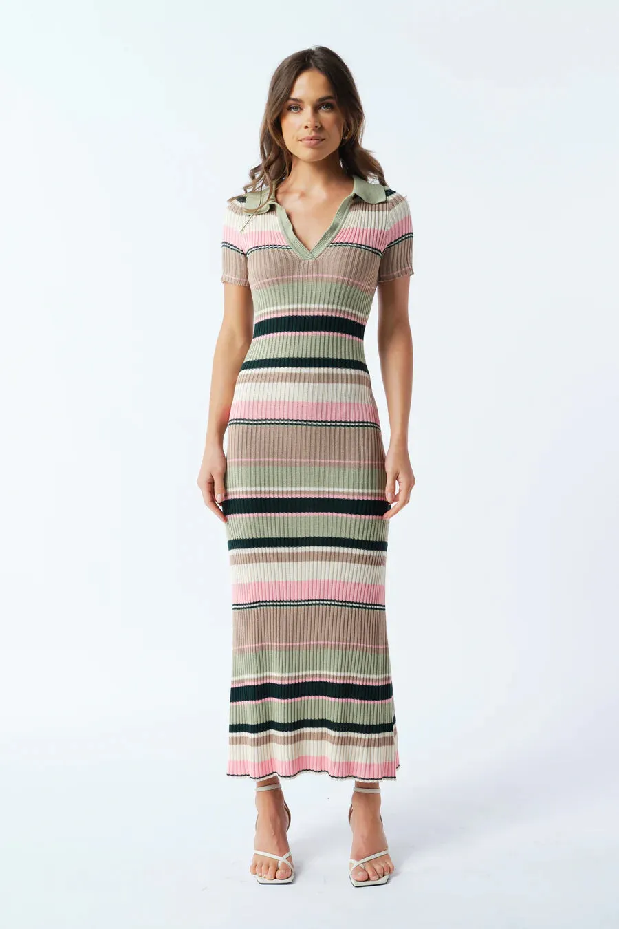 Remi Ribbed Knit Midi Dress - Green / Multi Stripe