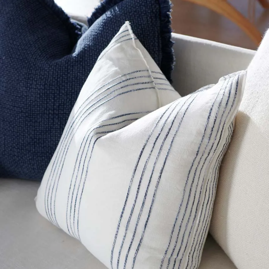 Rock Pool Linen Cushion - White w' Navy Stripe