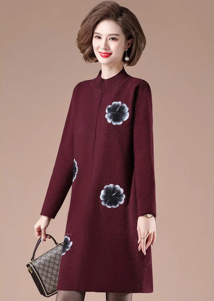 Round Collar Long Sleeve Knee Length Floral A-line Knit Dress
