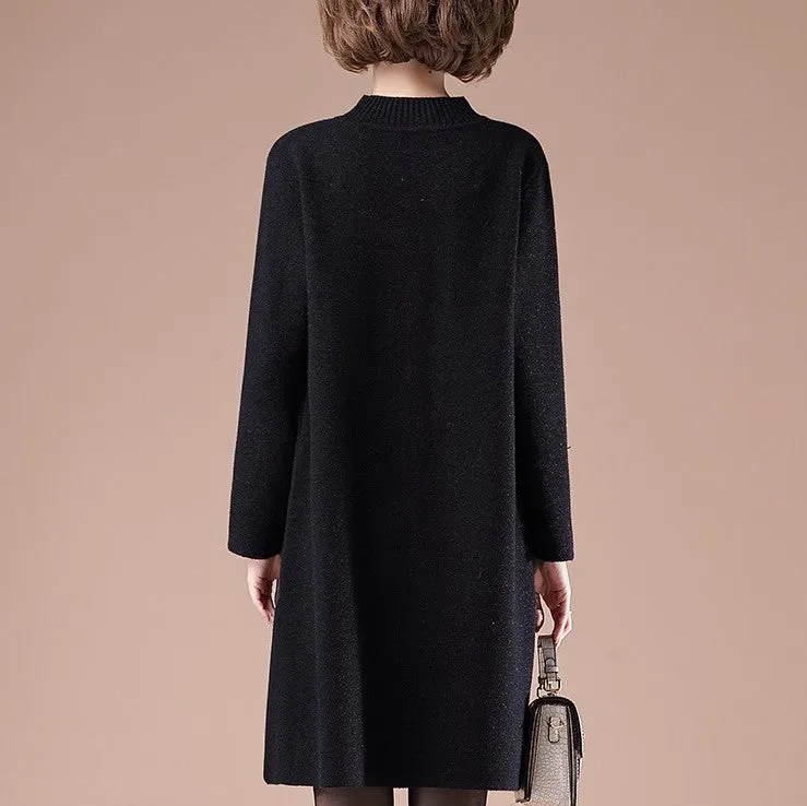 Round Collar Long Sleeve Knee Length Floral A-line Knit Dress