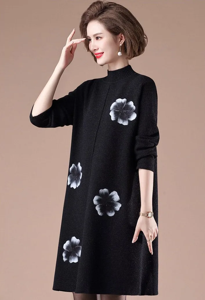 Round Collar Long Sleeve Knee Length Floral A-line Knit Dress