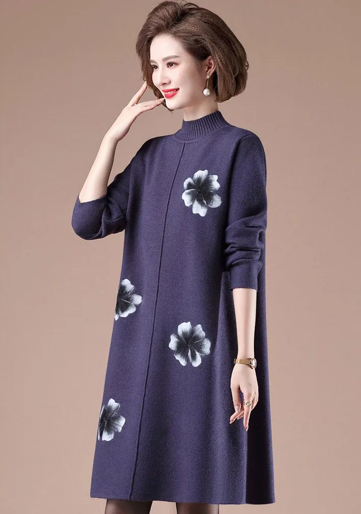 Round Collar Long Sleeve Knee Length Floral A-line Knit Dress