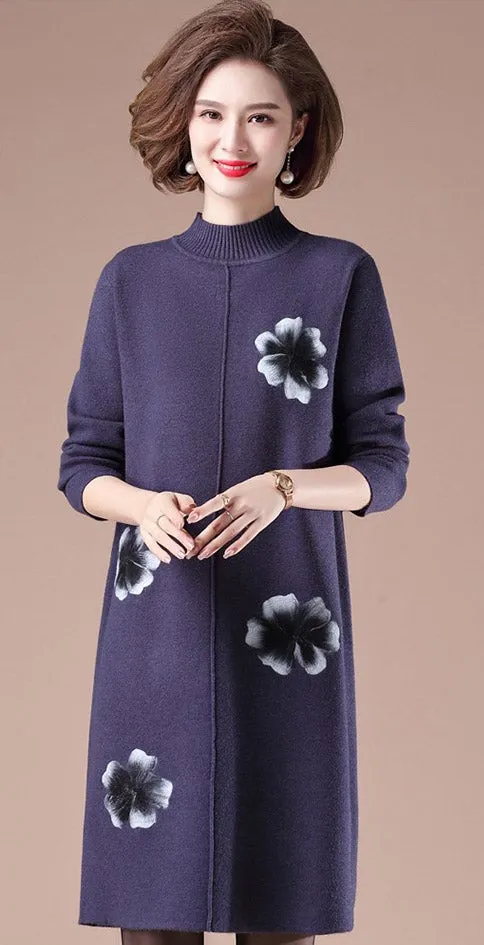 Round Collar Long Sleeve Knee Length Floral A-line Knit Dress