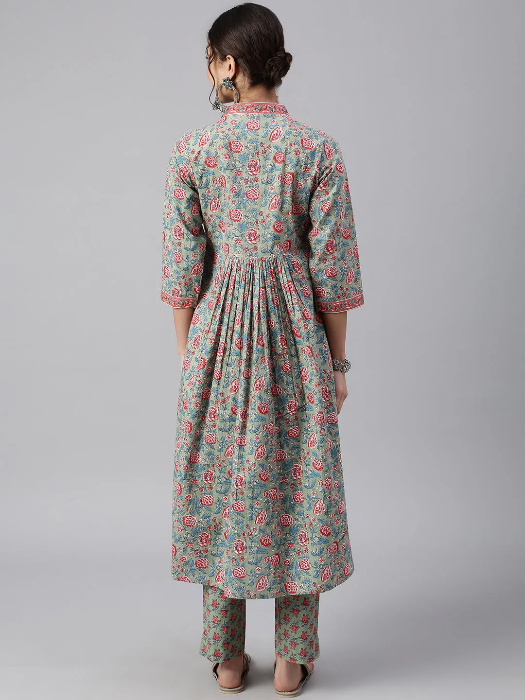 Sea Green Cotton Floral Print Kurta & Pant Set