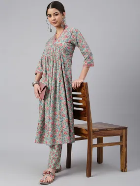 Sea Green Cotton Floral Print Kurta & Pant Set