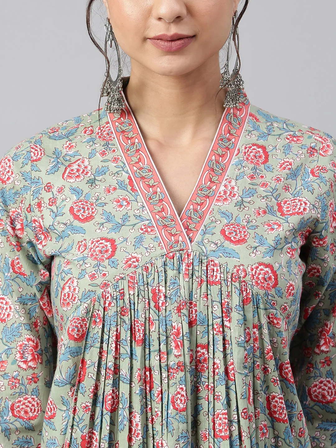 Sea Green Cotton Floral Print Kurta & Pant Set