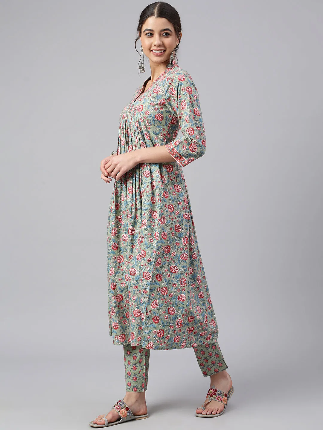 Sea Green Cotton Floral Print Kurta & Pant Set
