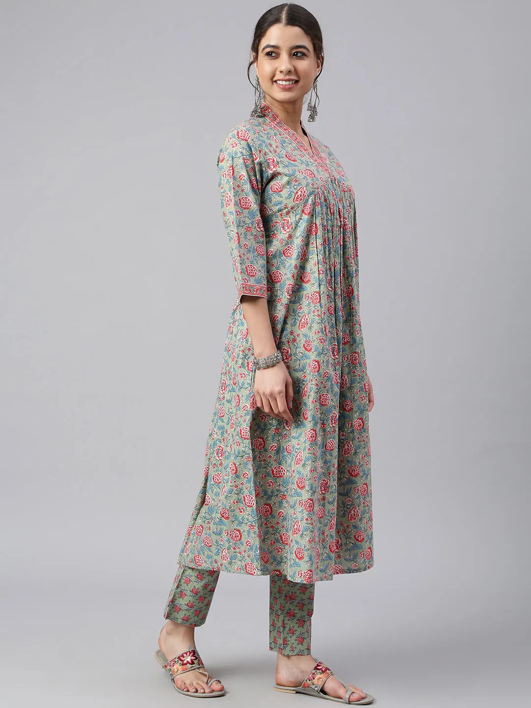Sea Green Cotton Floral Print Kurta & Pant Set