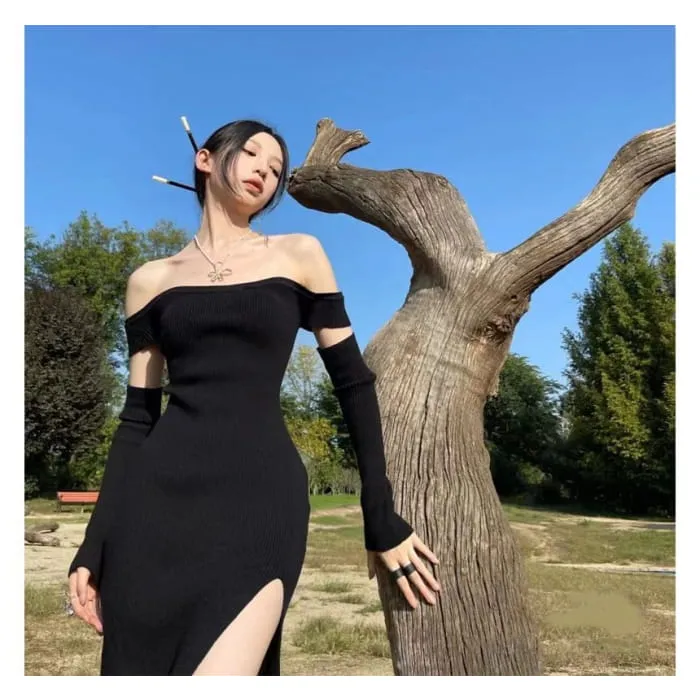 Set: Cap-Sleeve Off Shoulder Knit Sheath Dress   Arm Sleeves