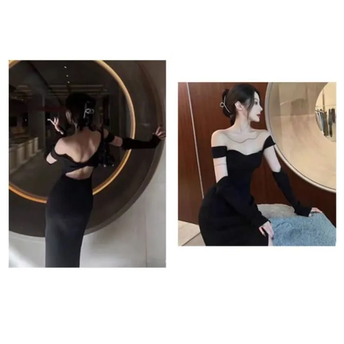 Set: Cap-Sleeve Off Shoulder Knit Sheath Dress   Arm Sleeves
