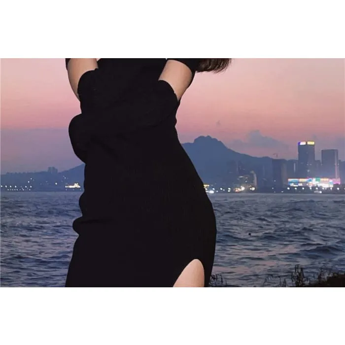 Set: Cap-Sleeve Off Shoulder Knit Sheath Dress   Arm Sleeves