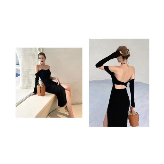 Set: Cap-Sleeve Off Shoulder Knit Sheath Dress   Arm Sleeves