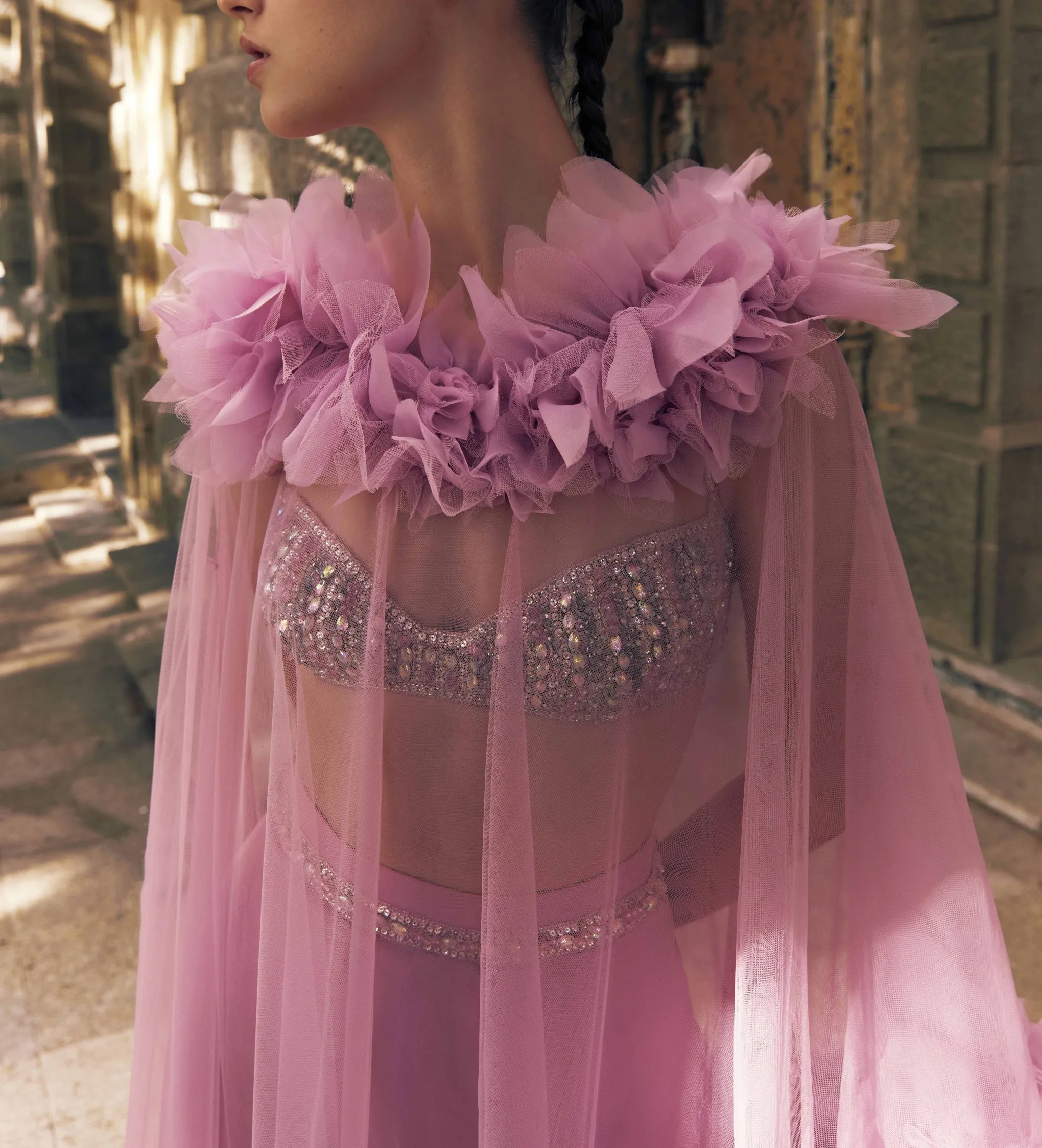 Silk georgette trousers with an embroidered bustier and an asymmetrical ruffled tulle cape