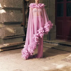 Silk georgette trousers with an embroidered bustier and an asymmetrical ruffled tulle cape