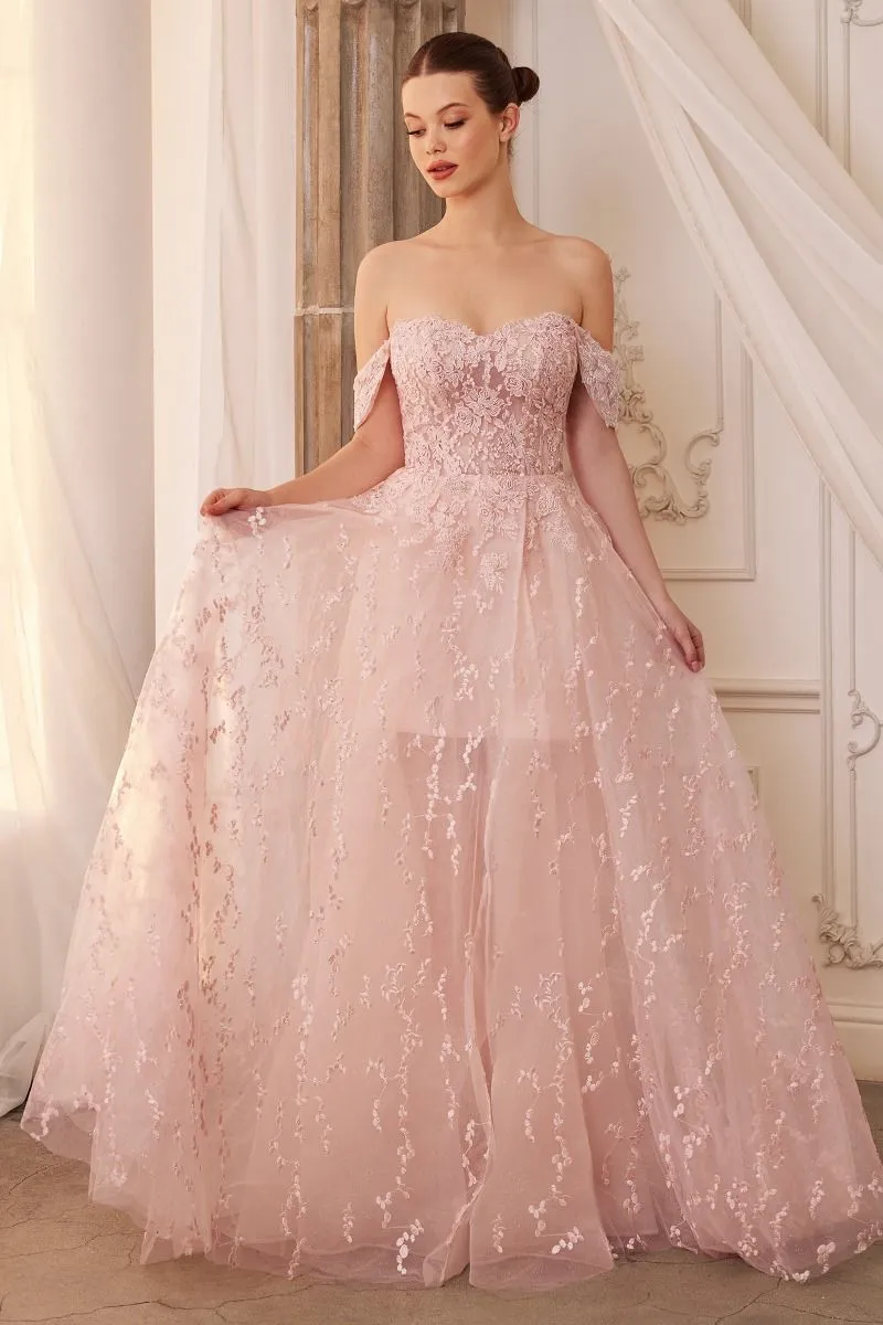 Solstice | Off the Shoulder Bouquet Lace Gown with Short Skirt | A1207