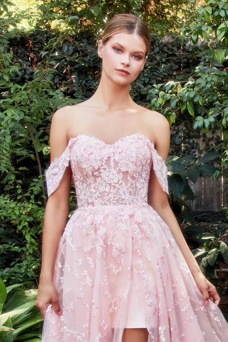 Solstice | Off the Shoulder Bouquet Lace Gown with Short Skirt | A1207
