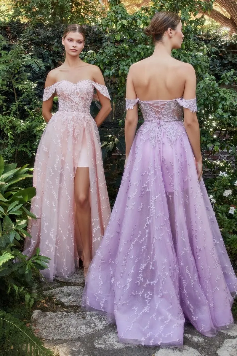 Solstice | Off the Shoulder Bouquet Lace Gown with Short Skirt | A1207