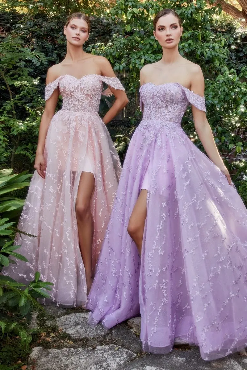 Solstice | Off the Shoulder Bouquet Lace Gown with Short Skirt | A1207