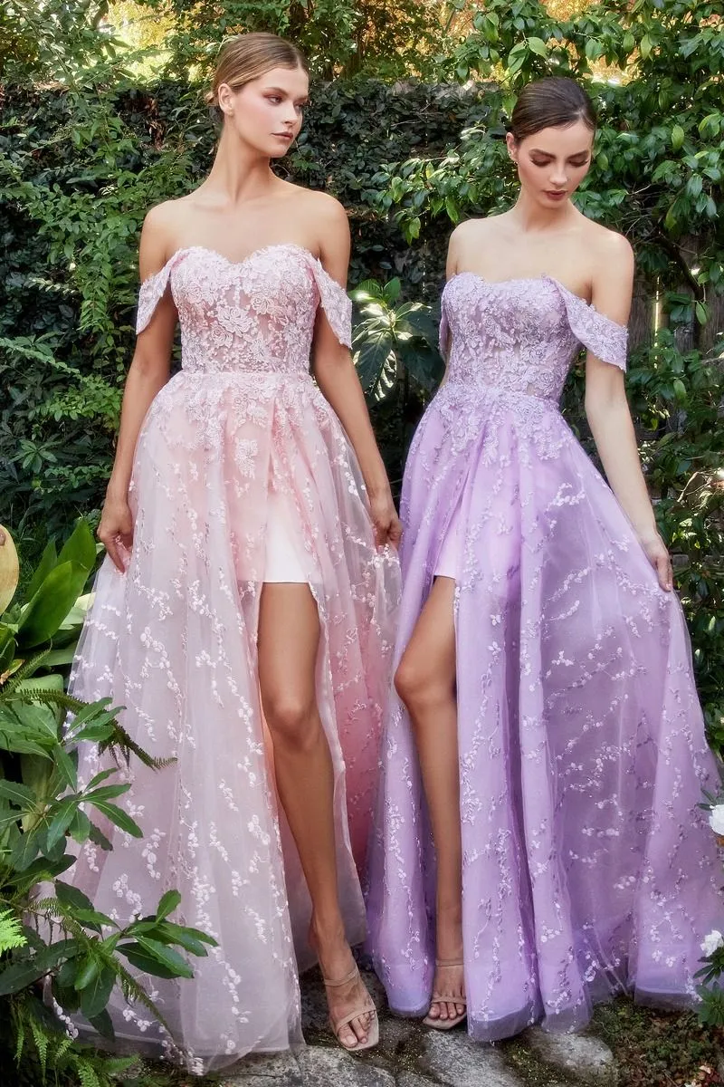 Solstice | Off the Shoulder Bouquet Lace Gown with Short Skirt | A1207