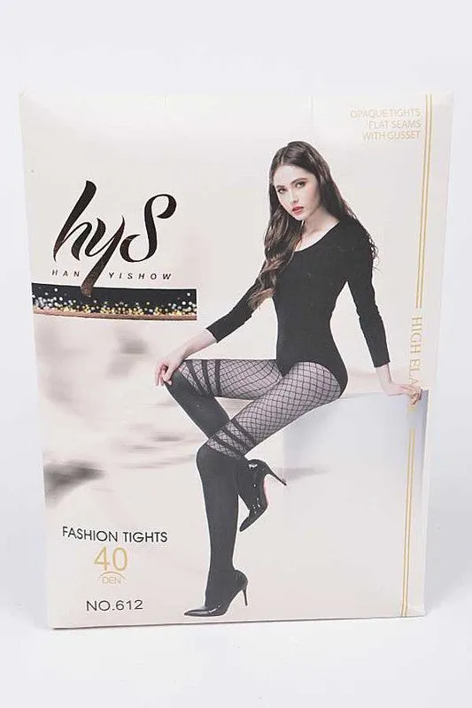 Stripe and Fishnet Thigh High Illusion Fashion Tights