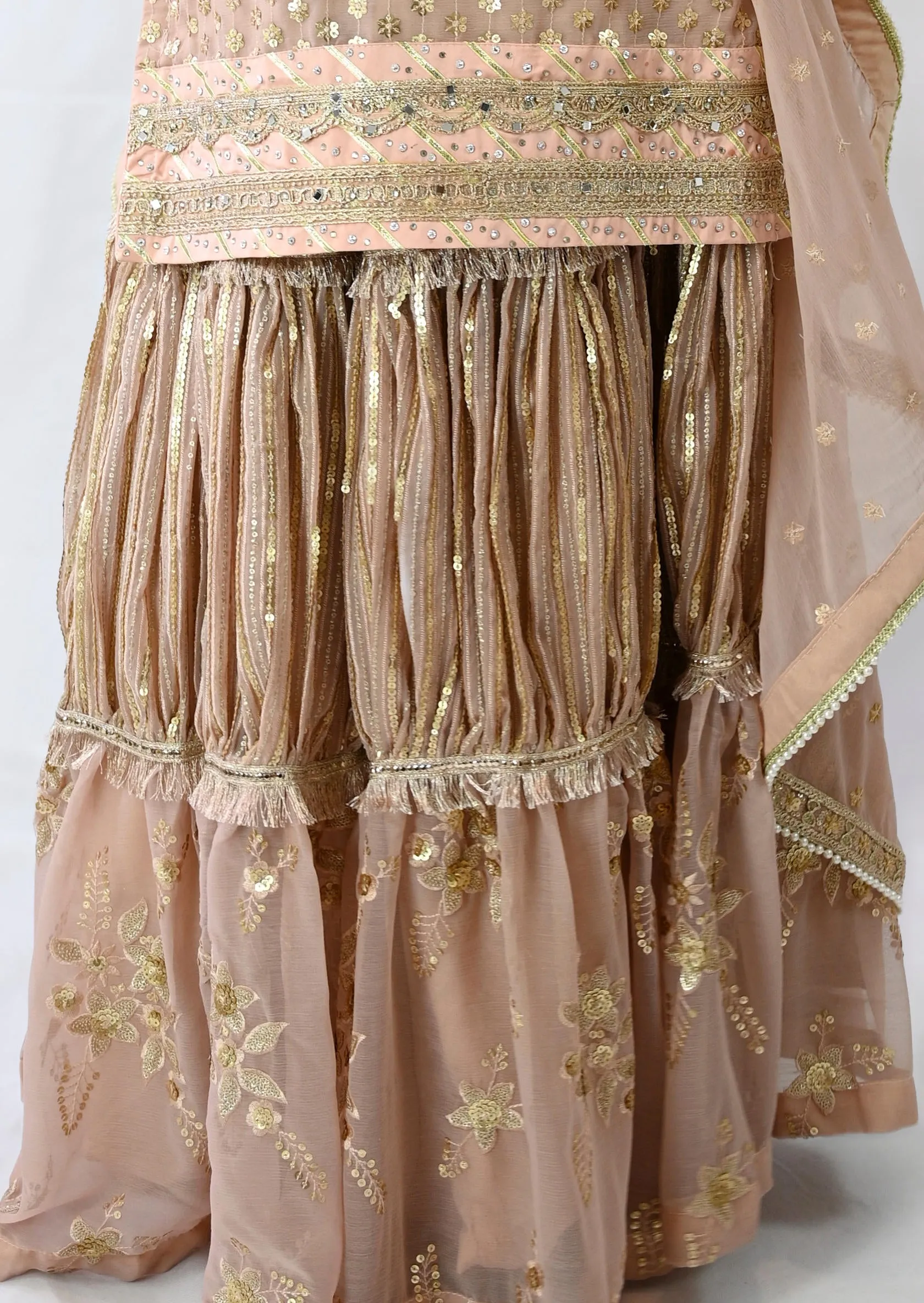 Stunning Lehenga with Knee length Kameez in Chiffon Pink