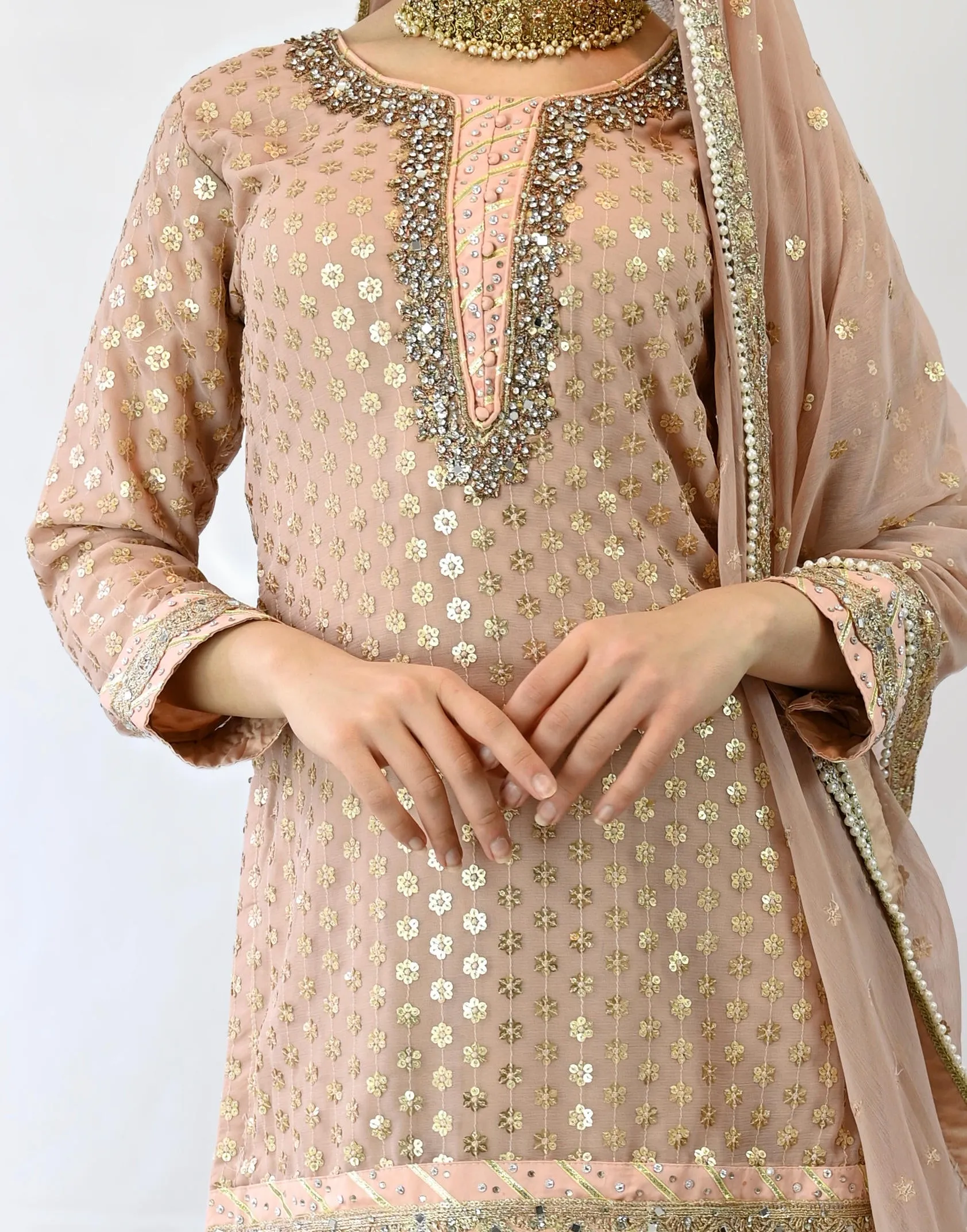 Stunning Lehenga with Knee length Kameez in Chiffon Pink