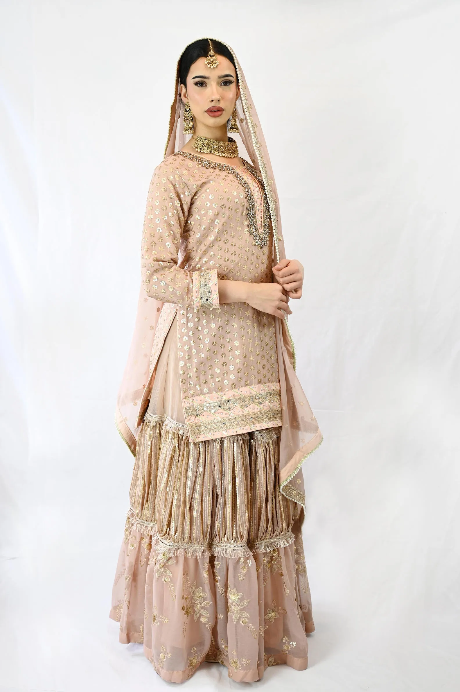 Stunning Lehenga with Knee length Kameez in Chiffon Pink