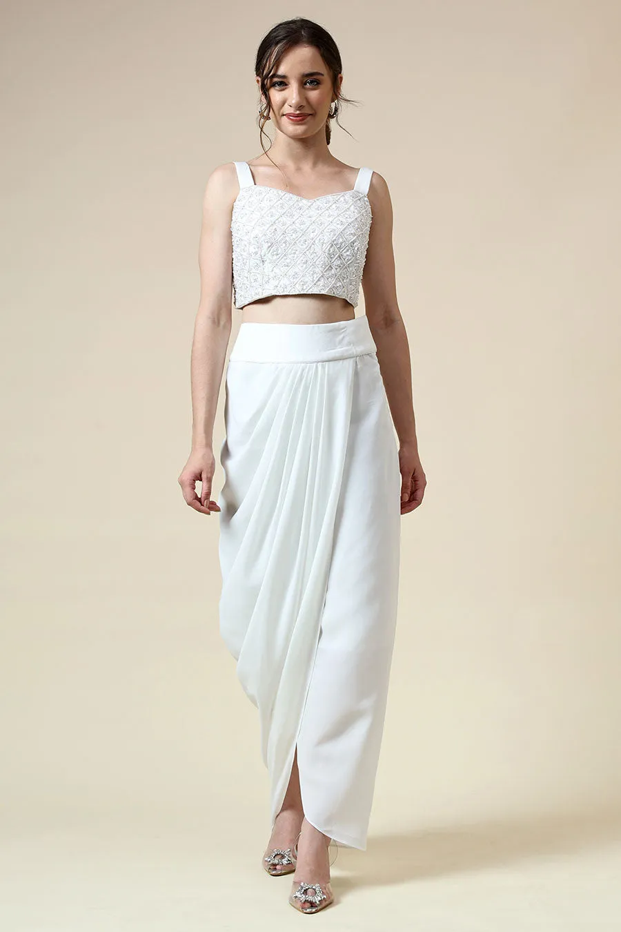 White Pearl Embellished Top & Skirt Set With Cape
