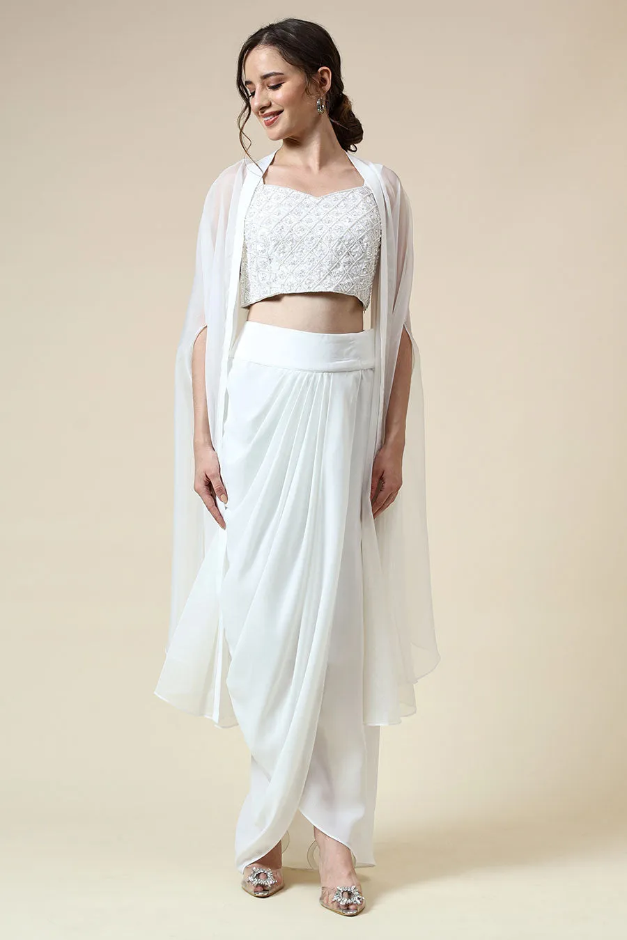 White Pearl Embellished Top & Skirt Set With Cape