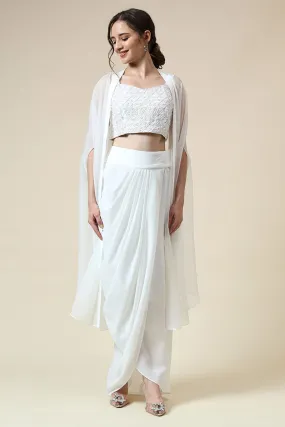 White Pearl Embellished Top & Skirt Set With Cape