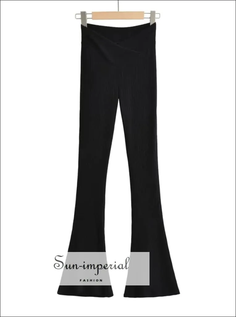 Women V-front Knitted Flared Ribbed  Leggings Pants