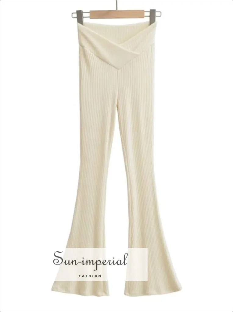 Women V-front Knitted Flared Ribbed  Leggings Pants