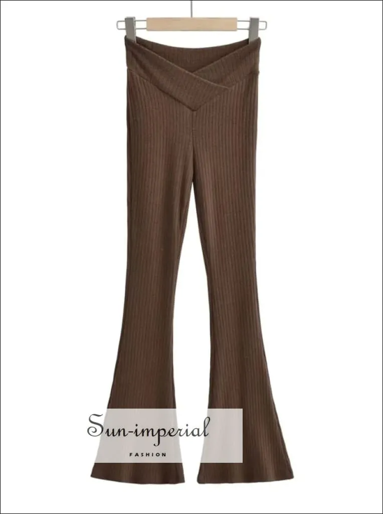 Women V-front Knitted Flared Ribbed  Leggings Pants