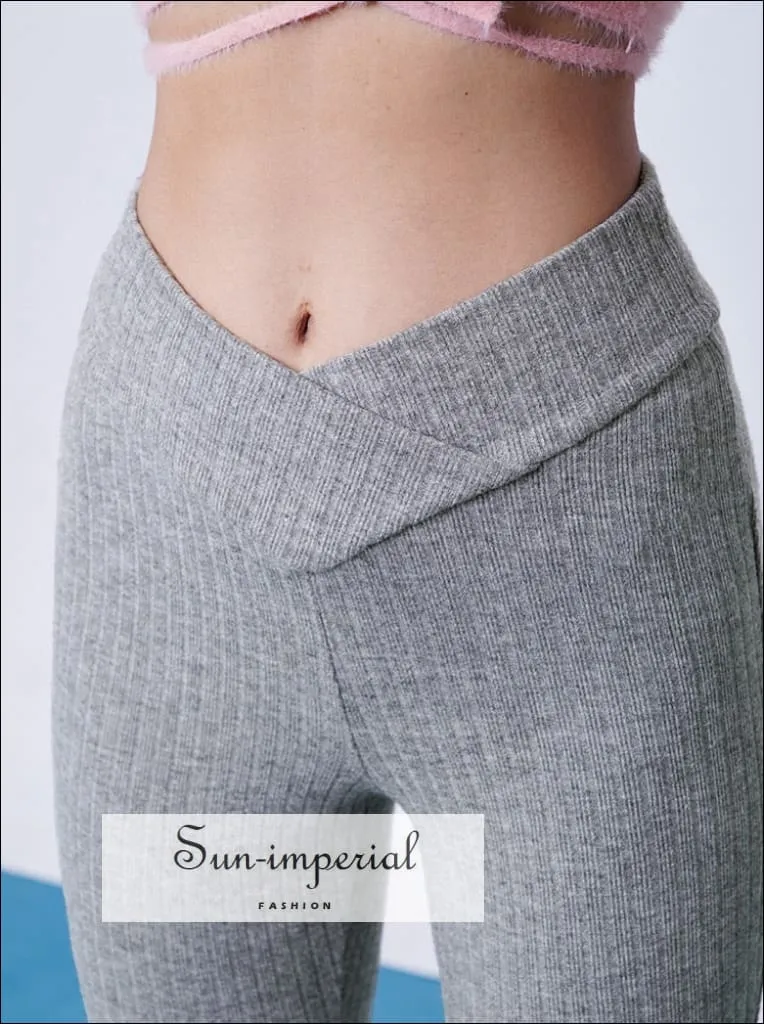 Women V-front Knitted Flared Ribbed  Leggings Pants