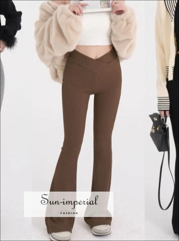 Women V-front Knitted Flared Ribbed  Leggings Pants