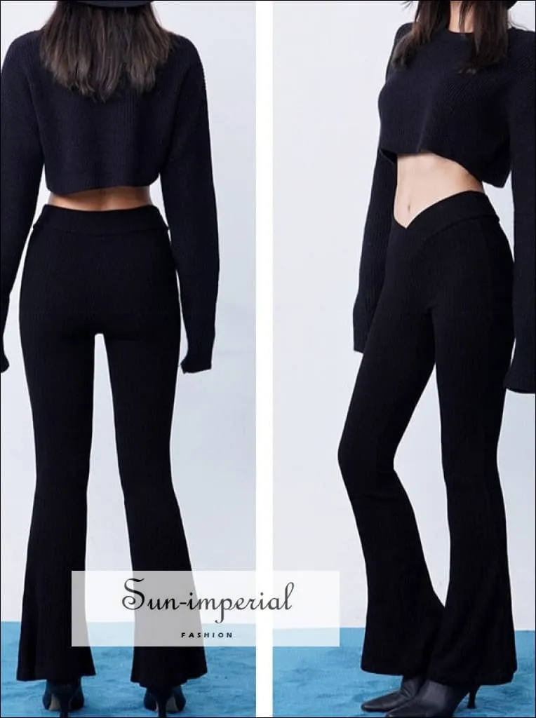 Women V-front Knitted Flared Ribbed  Leggings Pants