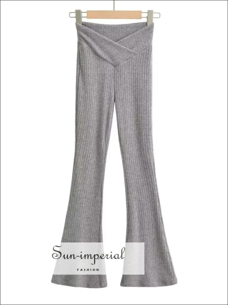 Women V-front Knitted Flared Ribbed  Leggings Pants