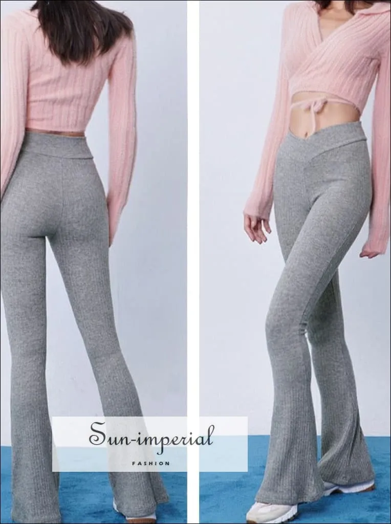 Women V-front Knitted Flared Ribbed  Leggings Pants